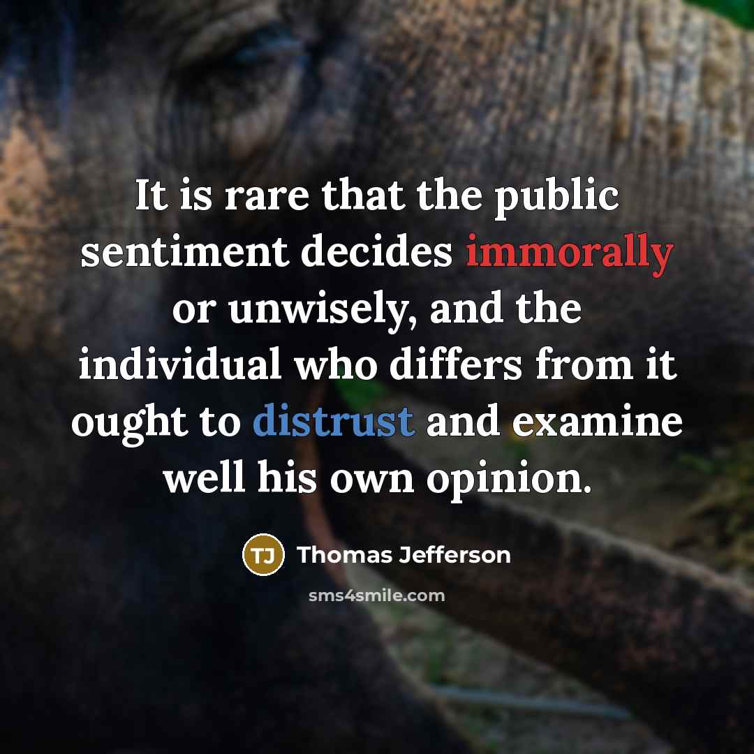 “It is rare that the public sentiment decides immorally or unwisely, and the individual who differs from it ought to distrust and examine well his own opinion.” quote by Thomas Jefferson