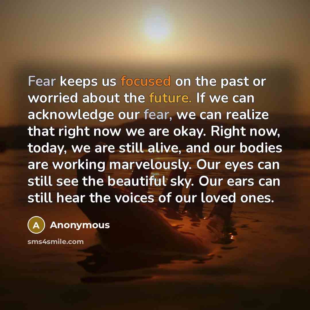 “Fear keeps us focused on the past or worried about the future. If we can acknowledge our fear, we can realize that right now we are okay. Right now, today, we are still alive, and our bodies are working marvelously. Our eyes can still see the beautiful sky. Our ears can still hear the voices of…” quote by Anonymous