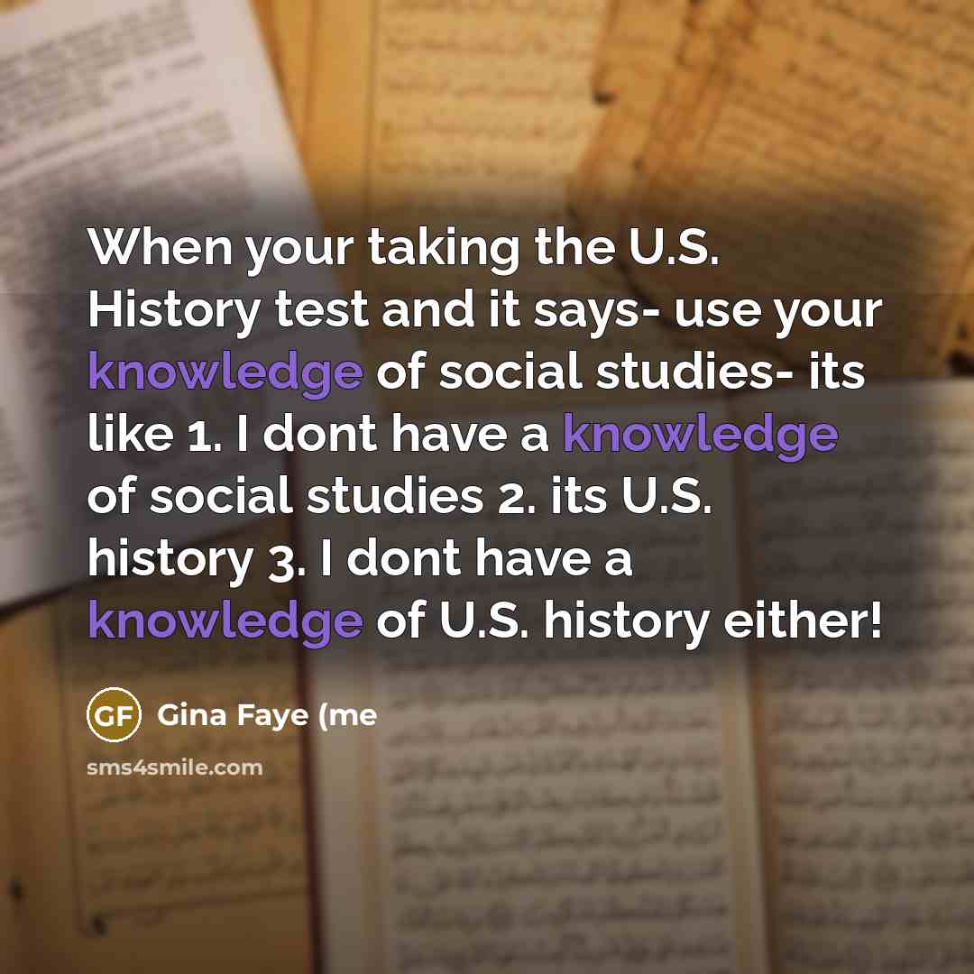 “When your taking the U.S. History test and it says- use your knowledge of social studies- its like 1. I dont have a knowledge of social studies 2. its U.S. history 3. I dont have a knowledge of U.S. history either!” quote by Gina Faye (me