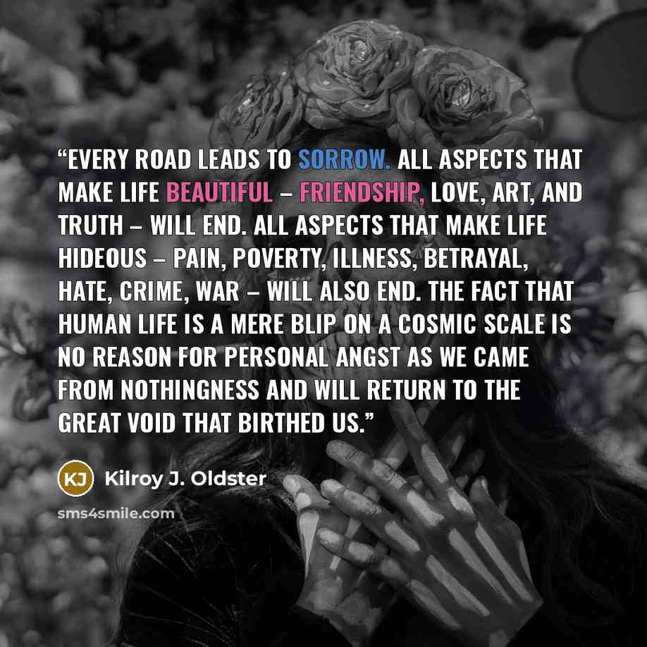 “Every road leads to sorrow. All aspects that make life beautiful – friendship, love, art, and truth – will end. All aspects that make life hideous – pain, poverty, illness, betrayal, hate, crime, war – will also end. The fact that human life is a mere blip on a cosmic scale is no reason for…” quote by Kilroy J. Oldster