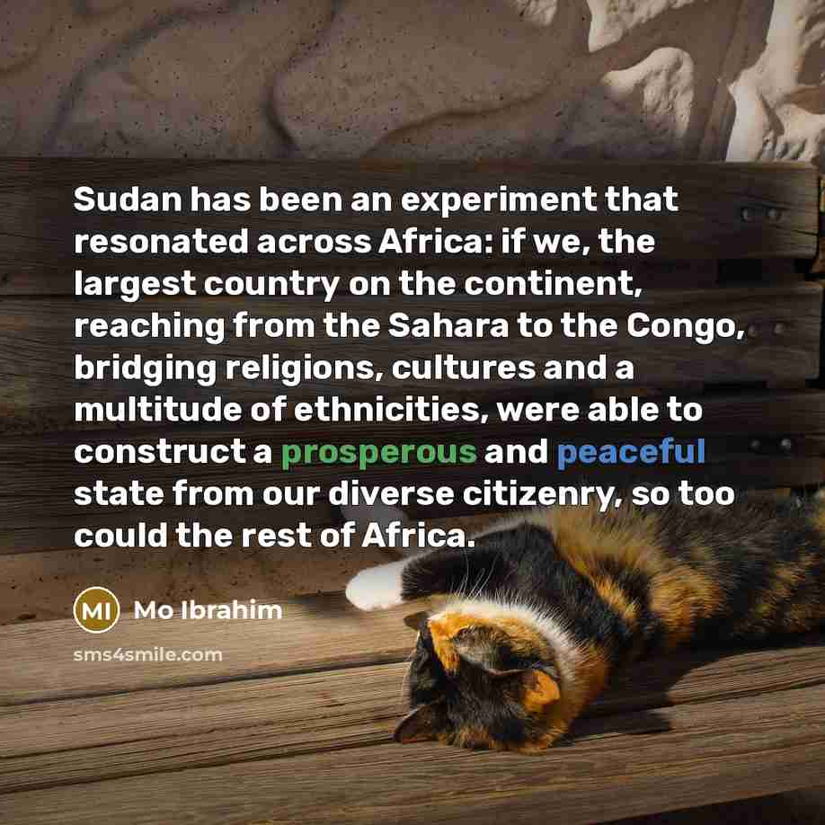 “Sudan has been an experiment that resonated across Africa: if we, the largest country on the continent, reaching from the Sahara to the Congo, bridging religions, cultures and a multitude of ethnicities, were able to construct a prosperous and peaceful state from our diverse citizenry, so too…” quote by Mo Ibrahim