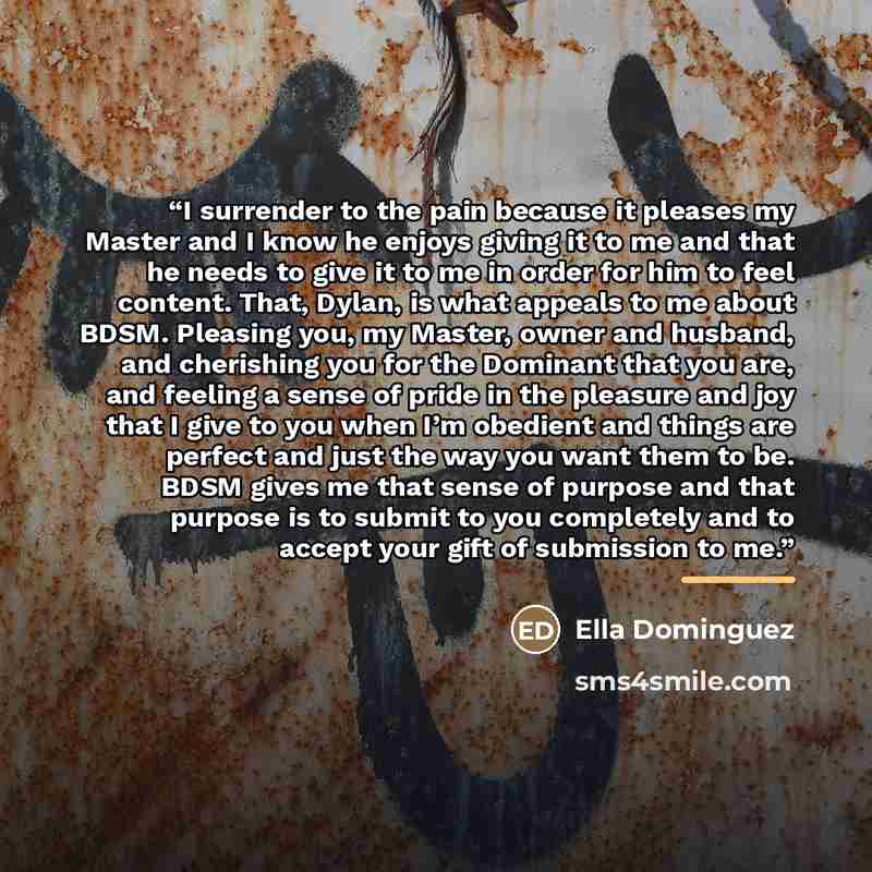“I surrender to the pain because it pleases my Master and I know he enjoys giving it to me and that he needs to give it to me in order for him to feel content. That, Dylan, is what appeals to me about BDSM. Pleasing you, my Master, owner and husband, and cherishing you for the Dominant that you…” quote by Ella Dominguez
