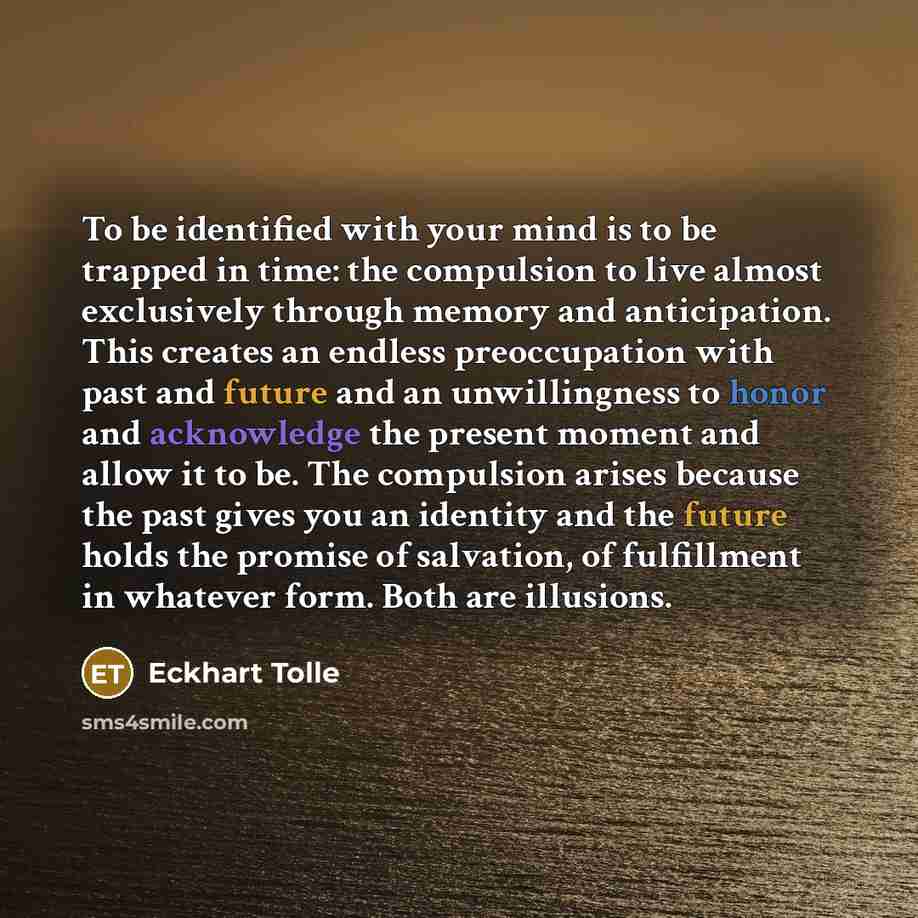 “To be identified with your mind is to be trapped in time: the compulsion to live almost exclusively through memory and anticipation. This creates an endless preoccupation with past and future and an unwillingness to honor and acknowledge the present moment and allow it to be. The compulsion arises…” quote by Eckhart Tolle