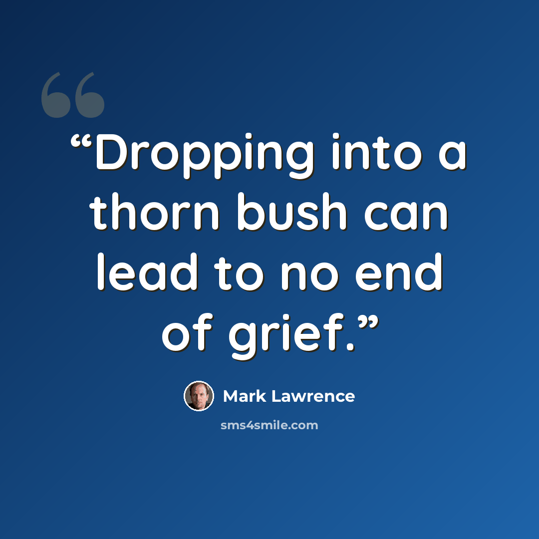 “Dropping into a thorn bush can lead to no end of grief.” quote by Mark Lawrence