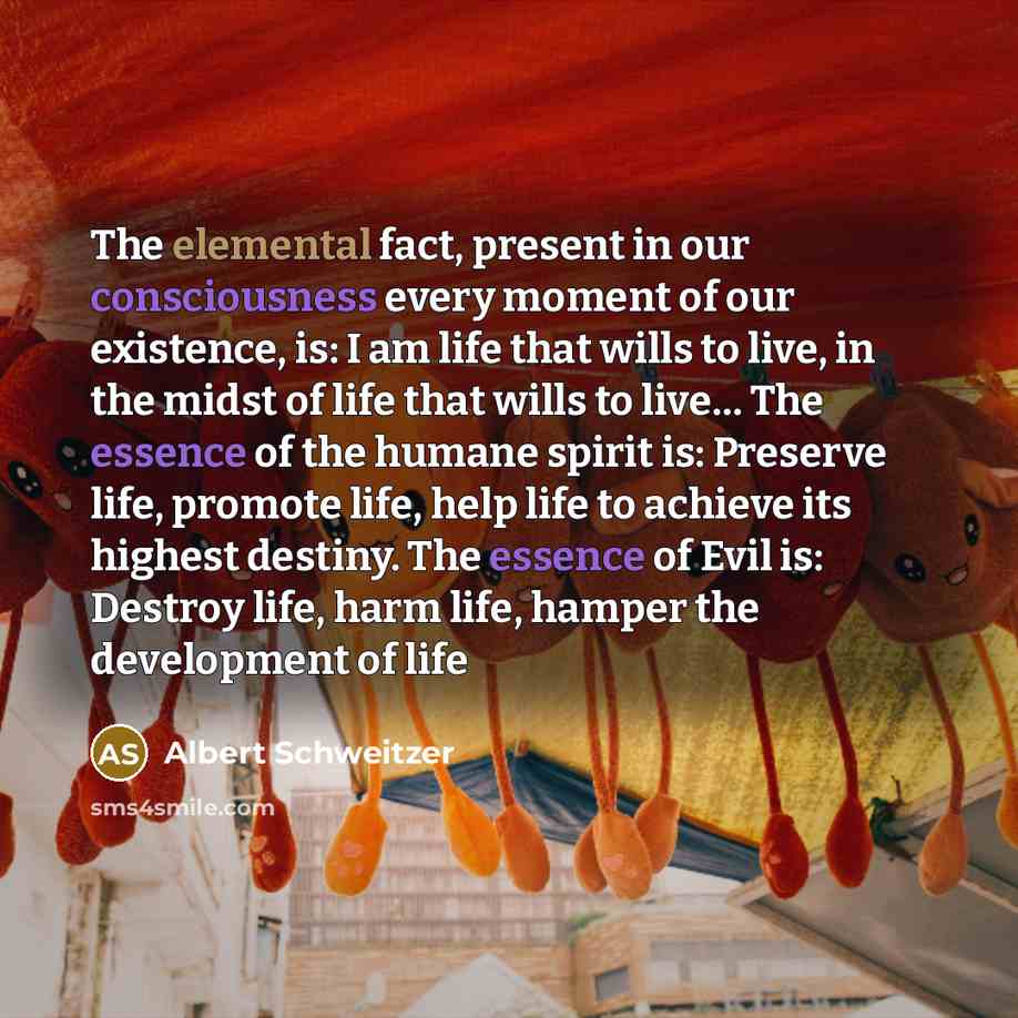 “The elemental fact, present in our consciousness every moment of our existence, is: I am life that wills to live, in the midst of life that wills to live… The essence of the humane spirit is: Preserve life, promote life, help life to achieve its highest destiny. The essence of Evil is: Destroy…” quote by Albert Schweitzer