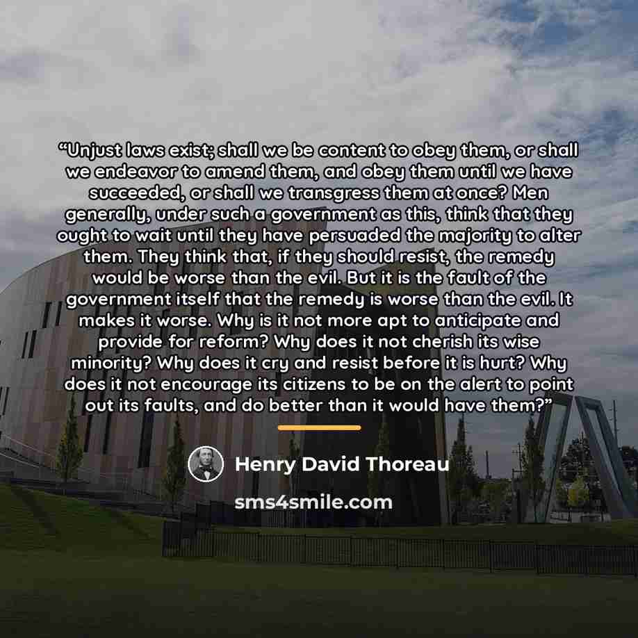 “Unjust laws exist; shall we be content to obey them, or shall we endeavor to amend them, and obey them until we have succeeded, or shall we transgress them at once? Men generally, under such a government as this, think that they ought to wait until they have persuaded the majority to alter them…” quote by Henry David Thoreau