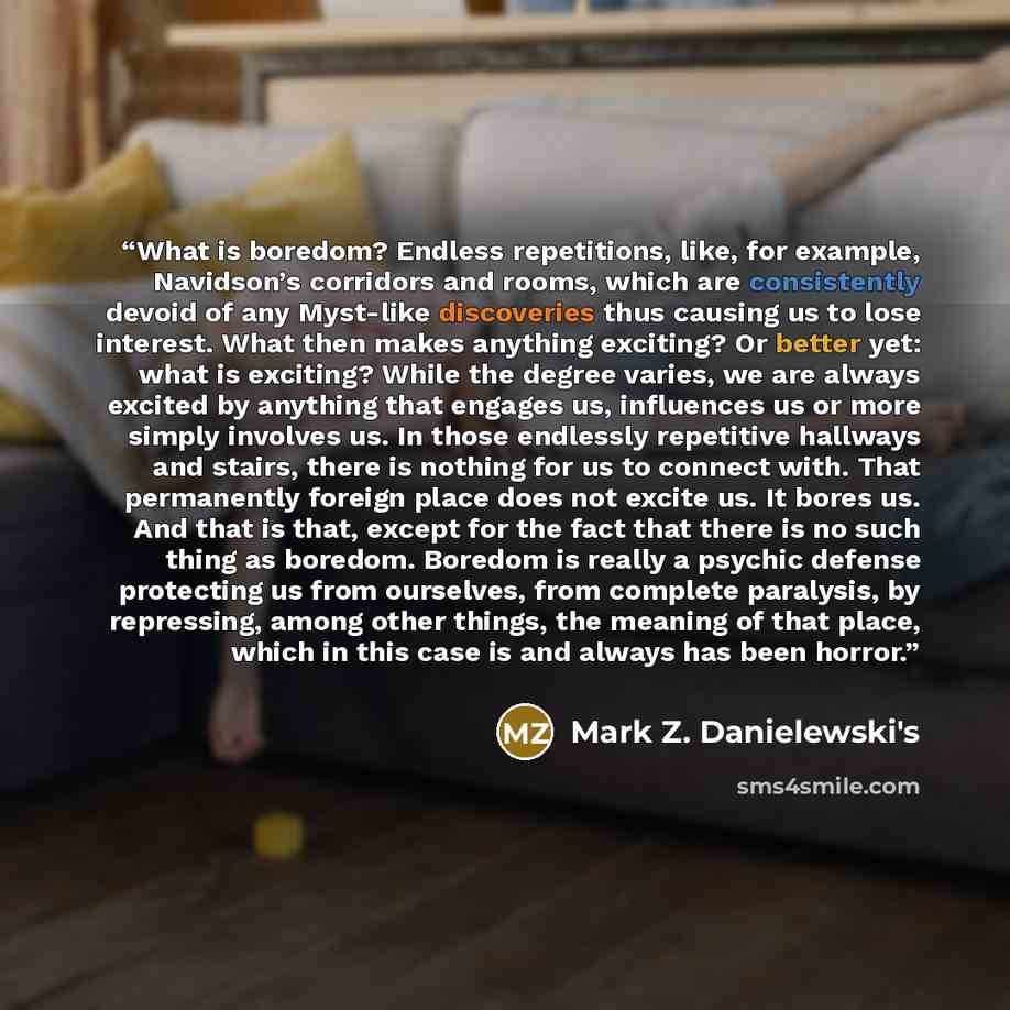 “What is boredom? Endless repetitions, like, for example, Navidson’s corridors and rooms, which are consistently devoid of any Myst-like discoveries thus causing us to lose interest. What then makes anything exciting? Or better yet: what is exciting? While the degree varies, we are always excited…” quote by Mark Z. Danielewski's