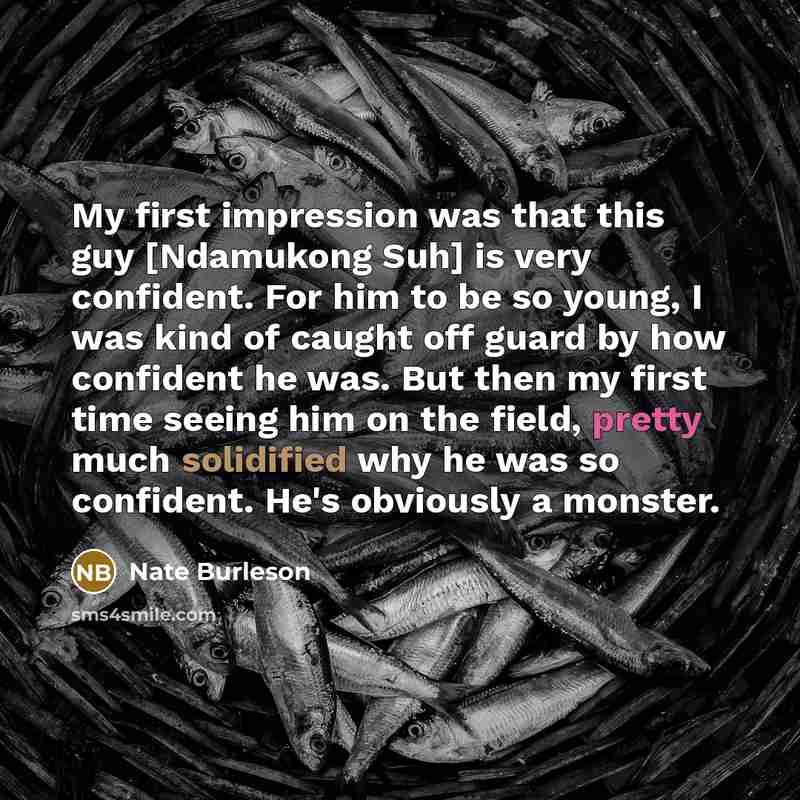 “My first impression was that this guy [Ndamukong Suh] is very confident. For him to be so young, I was kind of caught off guard by how confident he was. But then my first time seeing him on the field, pretty much solidified why he was so confident. He's obviously a monster.” quote by Nate Burleson