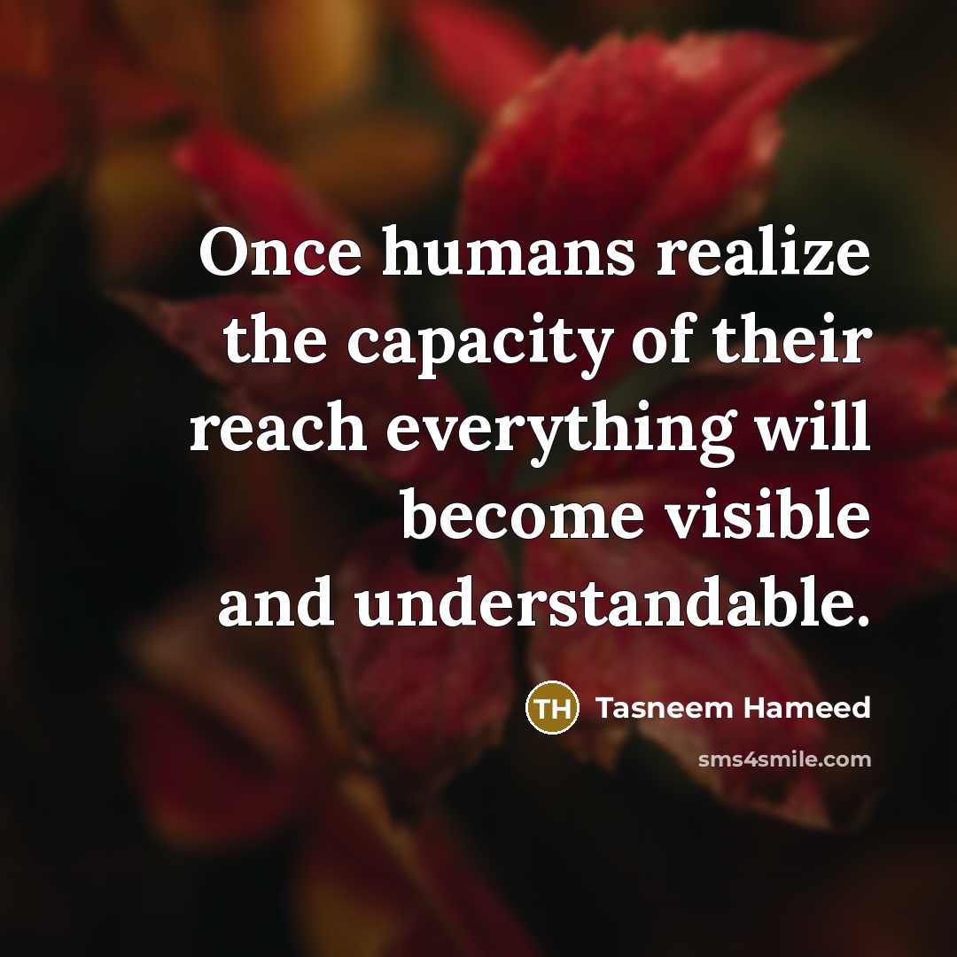 “Once humans realize the capacity of their reach everything will become visible and understandable.” quote by Tasneem Hameed