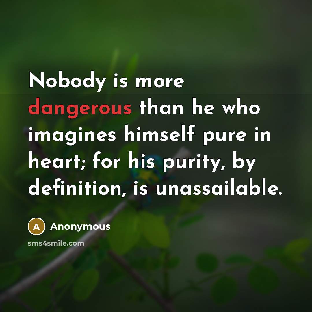 “Nobody is more dangerous than he who imagines himself pure in heart; for his purity, by definition, is unassailable.” quote by Anonymous