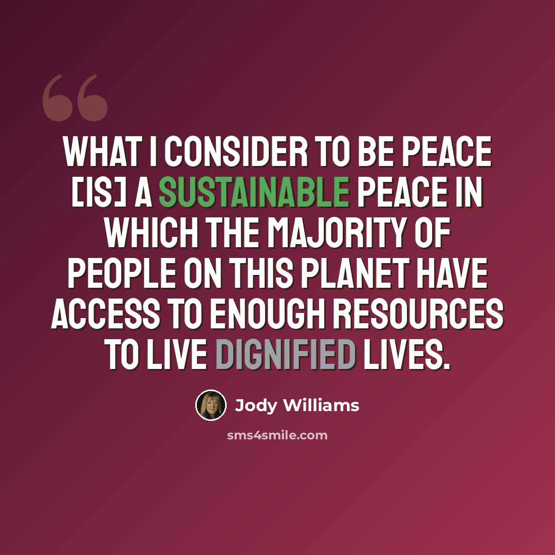 “What I consider to be peace [is] a sustainable peace in which the majority of people on this planet have access to enough resources to live dignified lives.” quote by Jody Williams