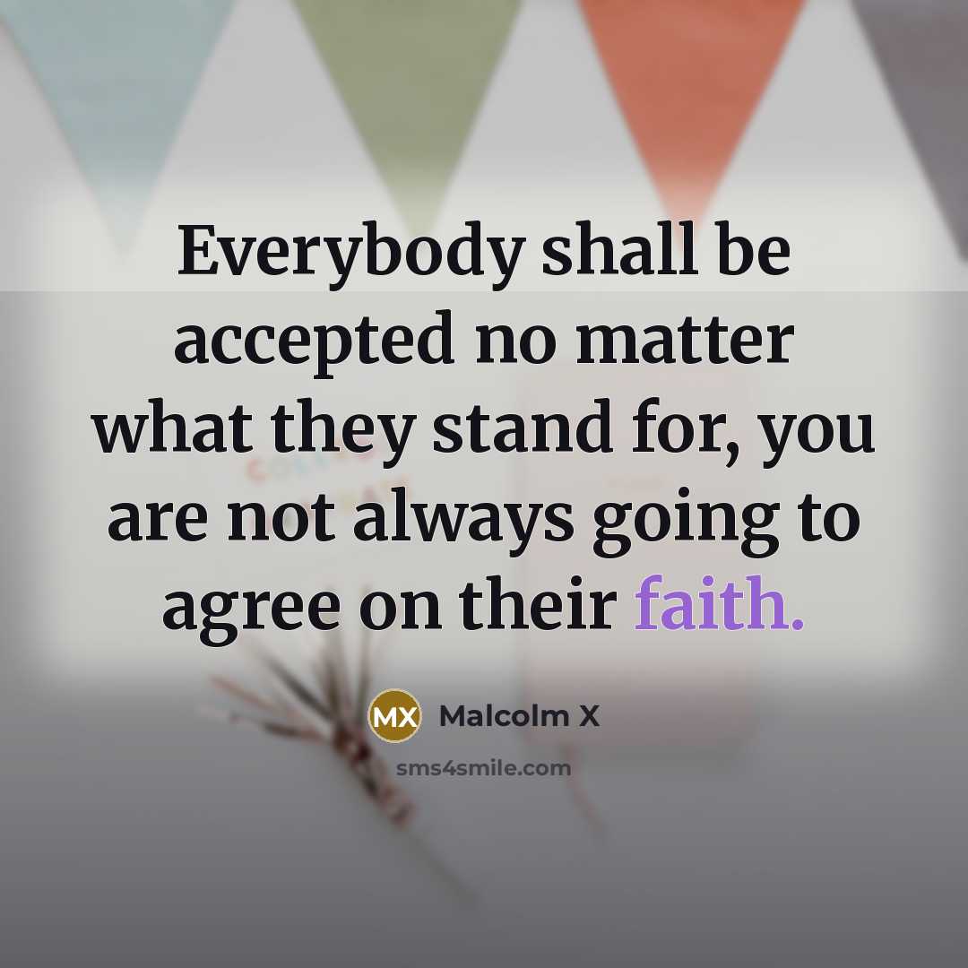 “Everybody shall be accepted no matter what they stand for, you are not always going to agree on their faith.” quote by Malcolm X