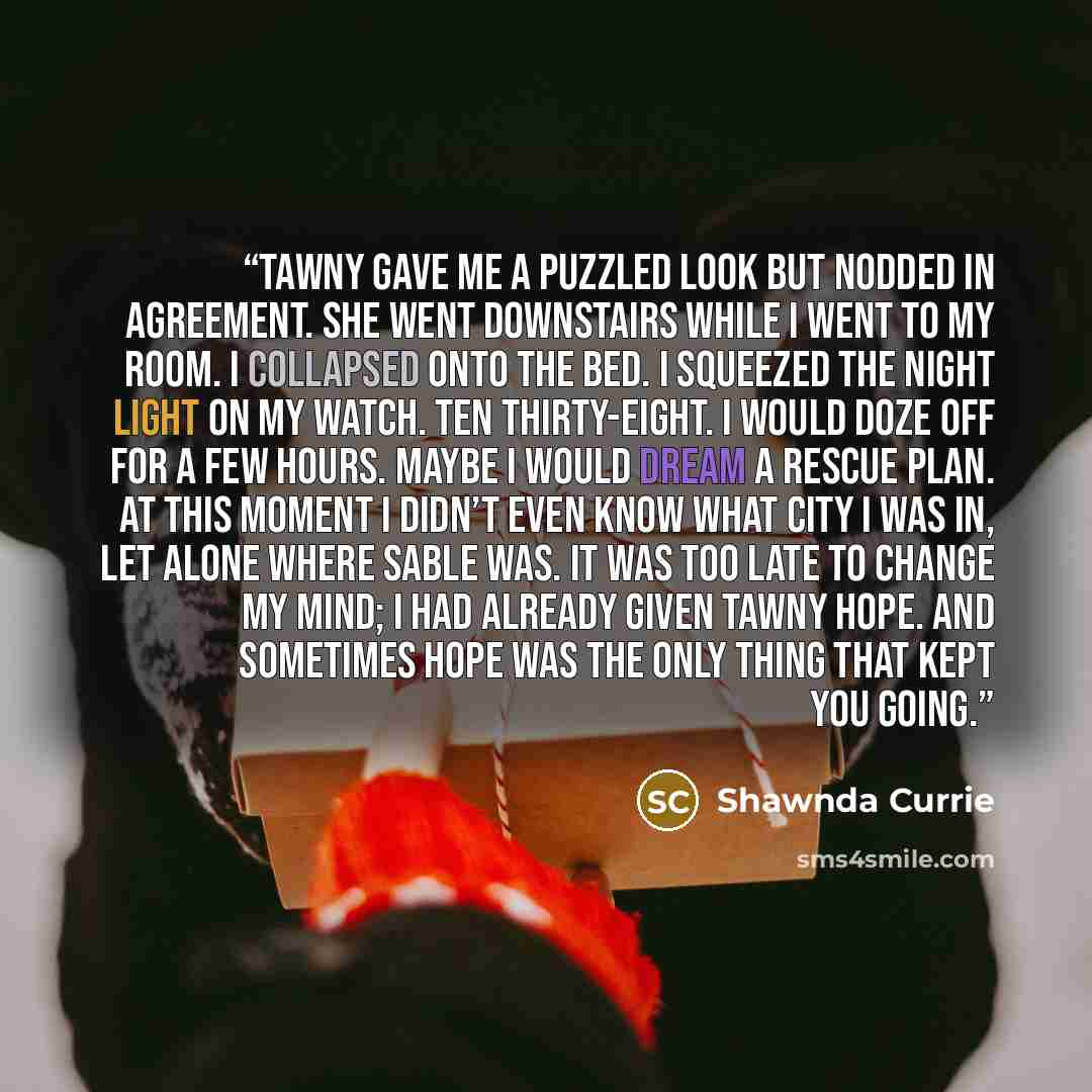 “Tawny gave me a puzzled look but nodded in agreement. She went downstairs while I went to my room. I collapsed onto the bed. I squeezed the night light on my watch. Ten thirty-eight. I would doze off for a few hours. Maybe I would dream a rescue plan. At this moment I didn’t even know what city I…” quote by Shawnda Currie
