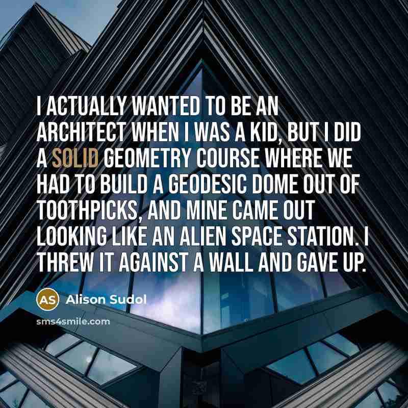 “I actually wanted to be an architect when I was a kid, but I did a solid geometry course where we had to build a geodesic dome out of toothpicks, and mine came out looking like an alien space station. I threw it against a wall and gave up.” quote by Alison Sudol