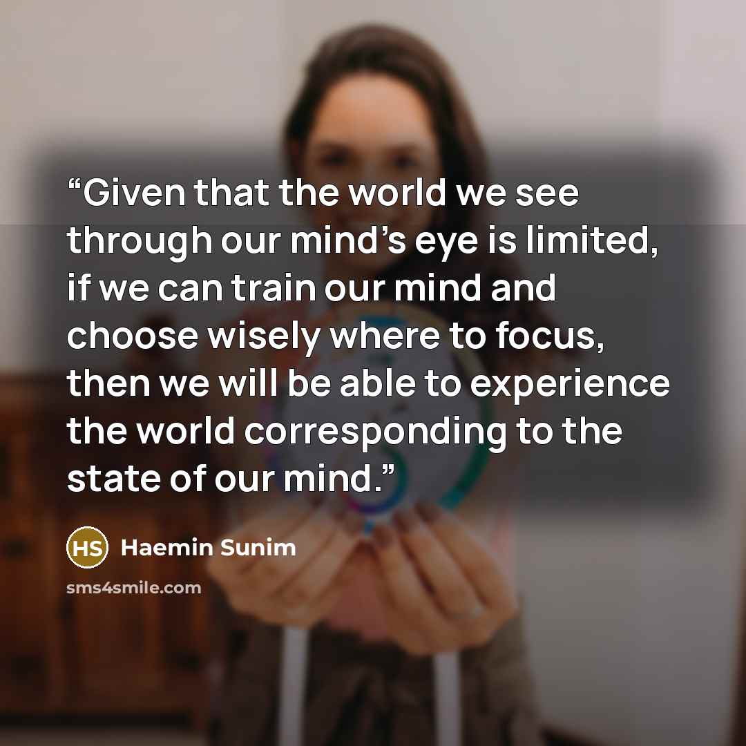 “Given that the world we see through our mind’s eye is limited, if we can train our mind and choose wisely where to focus, then we will be able to experience the world corresponding to the state of our mind.” quote by Haemin Sunim