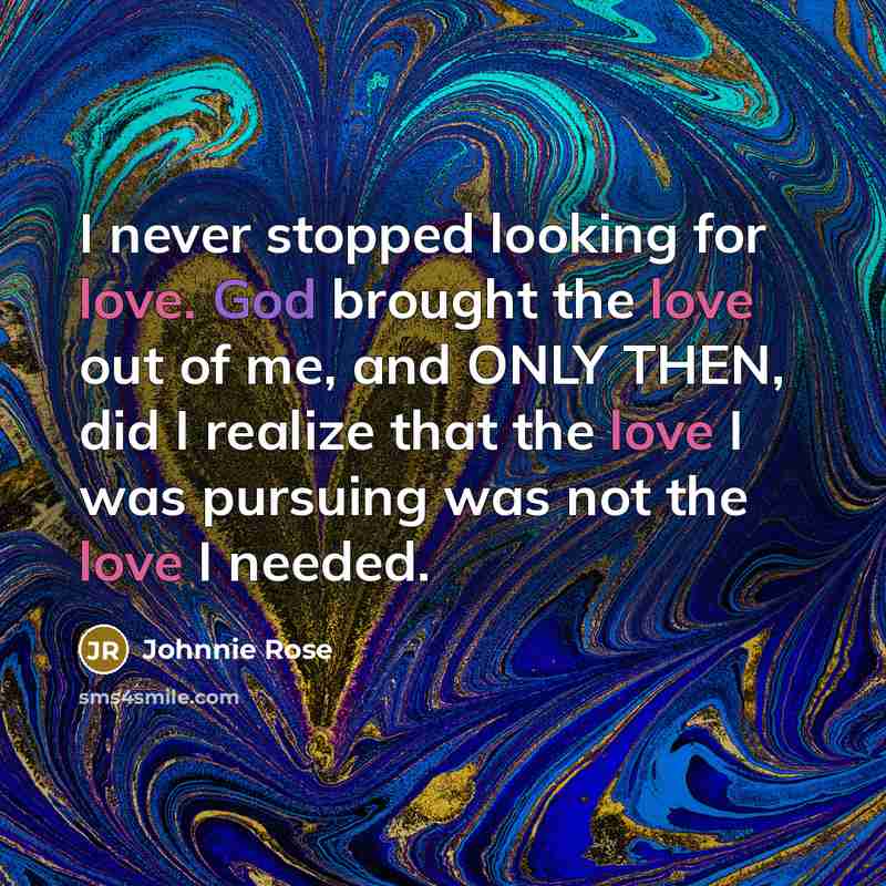 “I never stopped looking for love. God brought the love out of me, and ONLY THEN, did I realize that the love I was pursuing was not the love I needed.” quote by Johnnie Rose