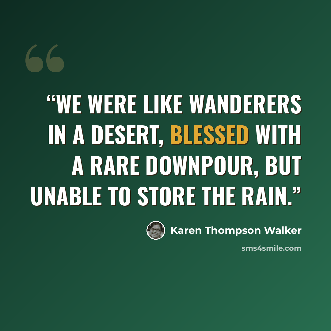 “We were like wanderers in a desert, blessed with a rare downpour, but unable to store the rain.” quote by Karen Thompson Walker