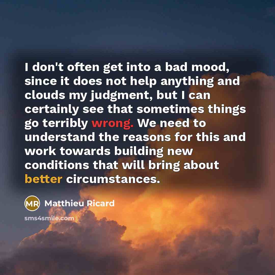 “I don't often get into a bad mood, since it does not help anything and clouds my judgment, but I can certainly see that sometimes things go terribly wrong. We need to understand the reasons for this and work towards building new conditions that will bring about better circumstances.” quote by Matthieu Ricard