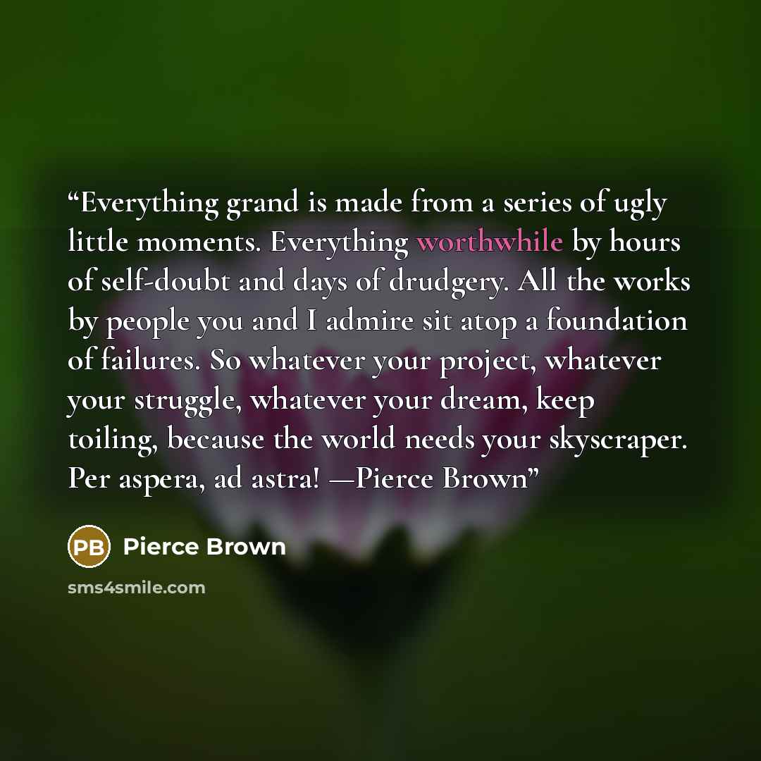 “Everything grand is made from a series of ugly little moments. Everything worthwhile by hours of self-doubt and days of drudgery. All the works by people you and I admire sit atop a foundation of failures. So whatever your project, whatever your struggle, whatever your dream, keep toiling, because…” quote by Pierce Brown