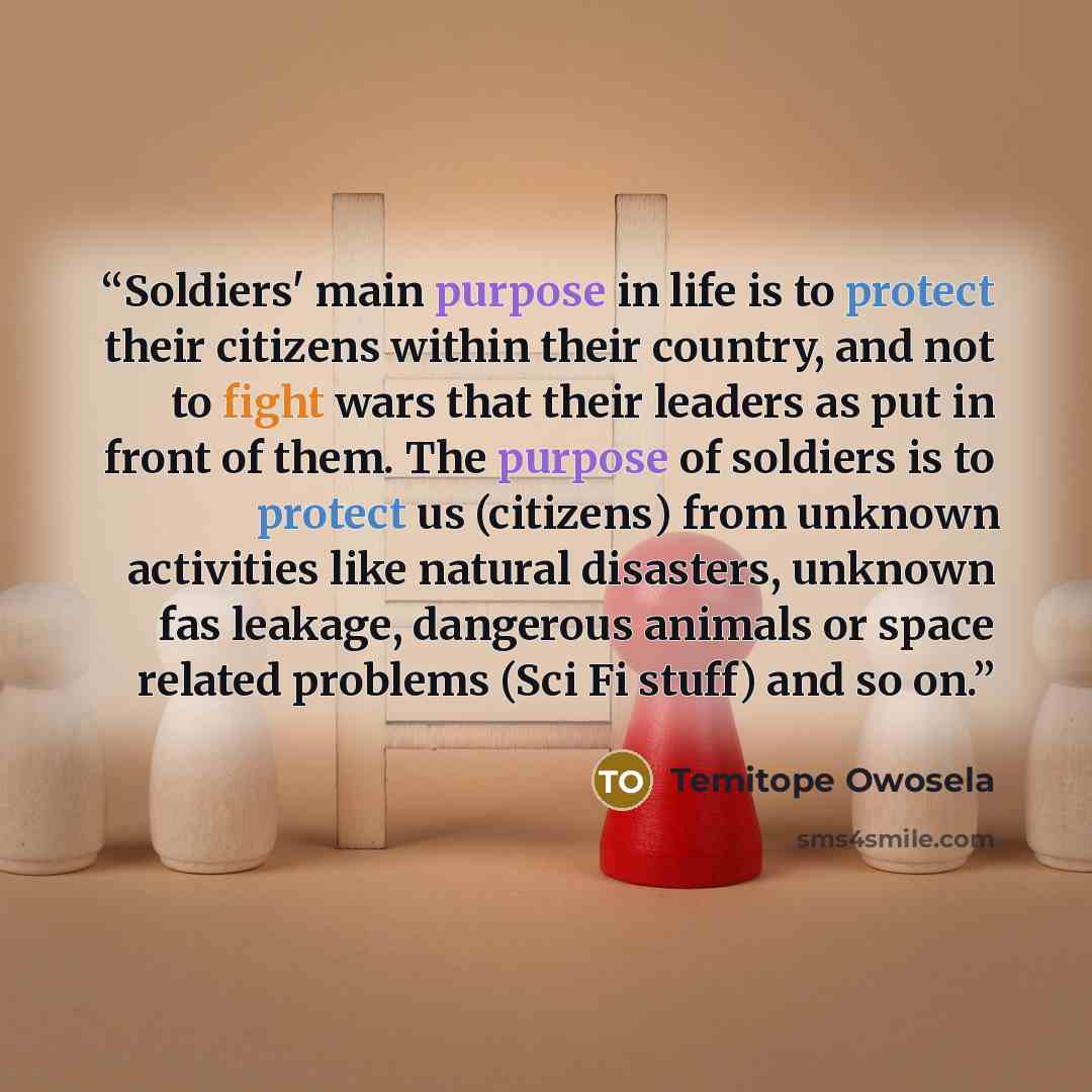 “Soldiers' main purpose in life is to protect their citizens within their country, and not to fight wars that their leaders as put in front of them. The purpose of soldiers is to protect us (citizens) from unknown activities like natural disasters, unknown fas leakage, dangerous animals or space…” quote by Temitope Owosela
