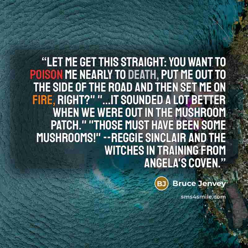 “Let me get this straight: You want to poison me nearly to death, put me out to the side of the road and then set me on fire, right?" "...It sounded a lot better when we were out in the mushroom patch." "Those must have been SOME mushrooms!" --Reggie Sinclair and The Witches in Training from…” quote by Bruce Jenvey