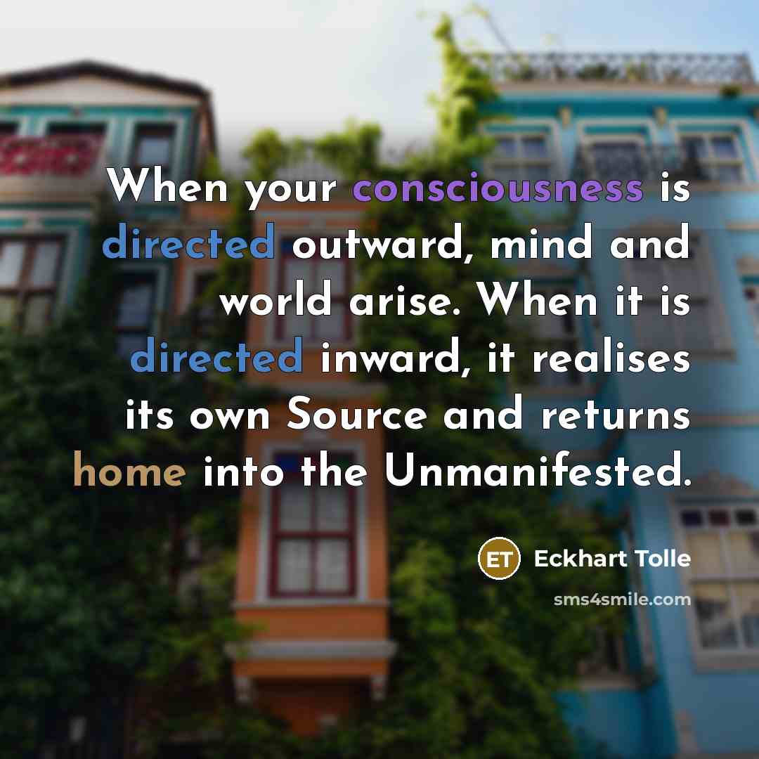 “When your consciousness is directed outward, mind and world arise. When it is directed inward, it realises its own Source and returns home into the Unmanifested.” quote by Eckhart Tolle