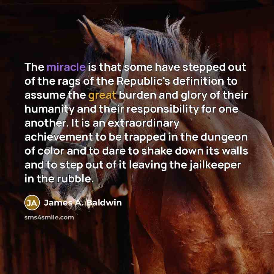 “The miracle is that some have stepped out of the rags of the Republic's definition to assume the great burden and glory of their humanity and their responsibility for one another. It is an extraordinary achievement to be trapped in the dungeon of color and to dare to shake down its walls and to…” quote by James A. Baldwin