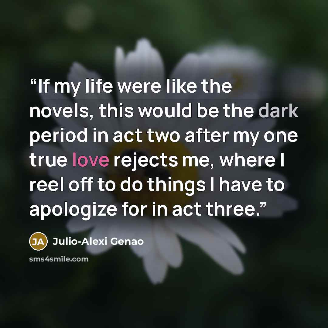 “If my life were like the novels, this would be the dark period in act two after my one true love rejects me, where I reel off to do things I have to apologize for in act three.” quote by Julio-Alexi Genao