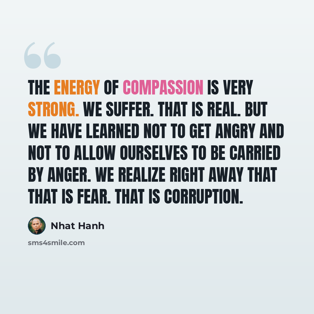 “The energy of compassion is very strong. We suffer. That is real. But we have learned not to get angry and not to allow ourselves to be carried by anger. We realize right away that that is fear. That is corruption.” quote by Nhat Hanh