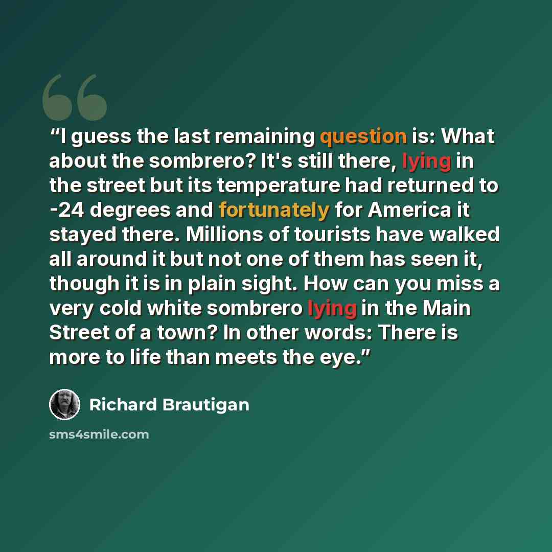“I guess the last remaining question is: What about the sombrero? It's still there, lying in the street but its temperature had returned to -24 degrees and fortunately for America it stayed there. Millions of tourists have walked all around it but not one of them has seen it, though it is in plain…” quote by Richard Brautigan