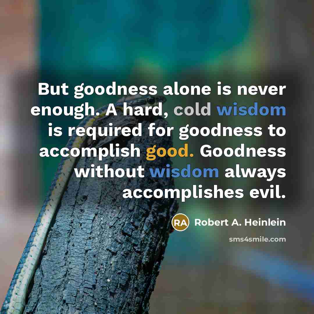 “But goodness alone is never enough. A hard, cold wisdom is required for goodness to accomplish good. Goodness without wisdom always accomplishes evil.” quote by Robert A. Heinlein