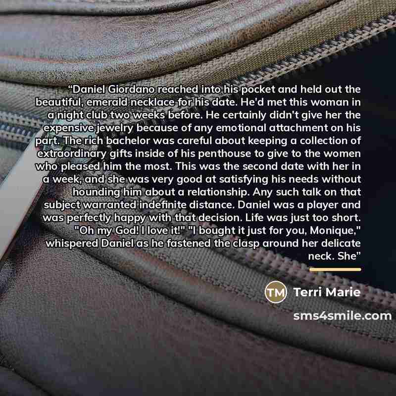 “Daniel Giordano reached into his pocket and held out the beautiful, emerald necklace for his date. He'd met this woman in a night club two weeks before. He certainly didn't give her the expensive jewelry because of any emotional attachment on his part. The rich bachelor was careful about keeping a…” quote by Terri Marie