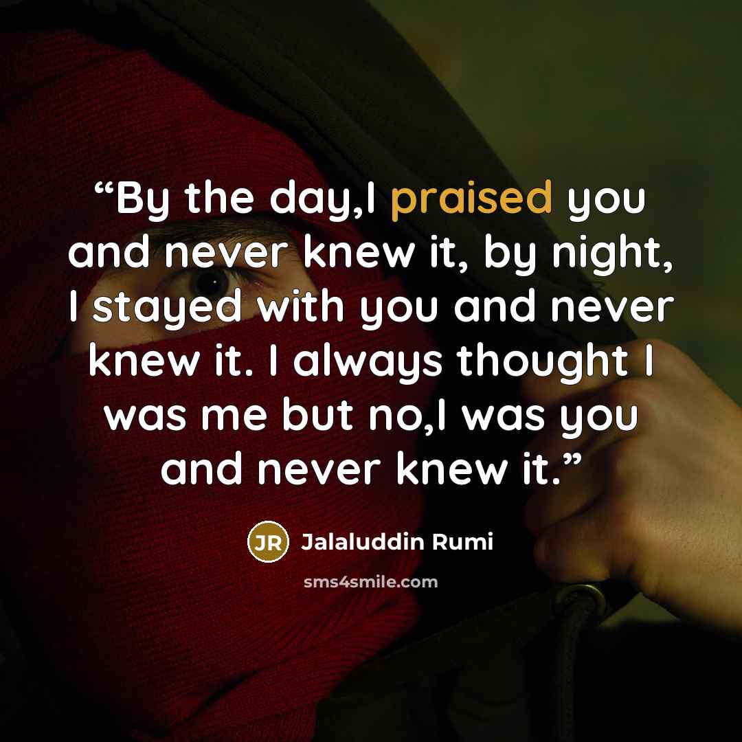 “By the day,I praised you and never knew it, by night, I stayed with you and never knew it. I always thought I was me but no,I was you and never knew it.” quote by Jalaluddin Rumi
