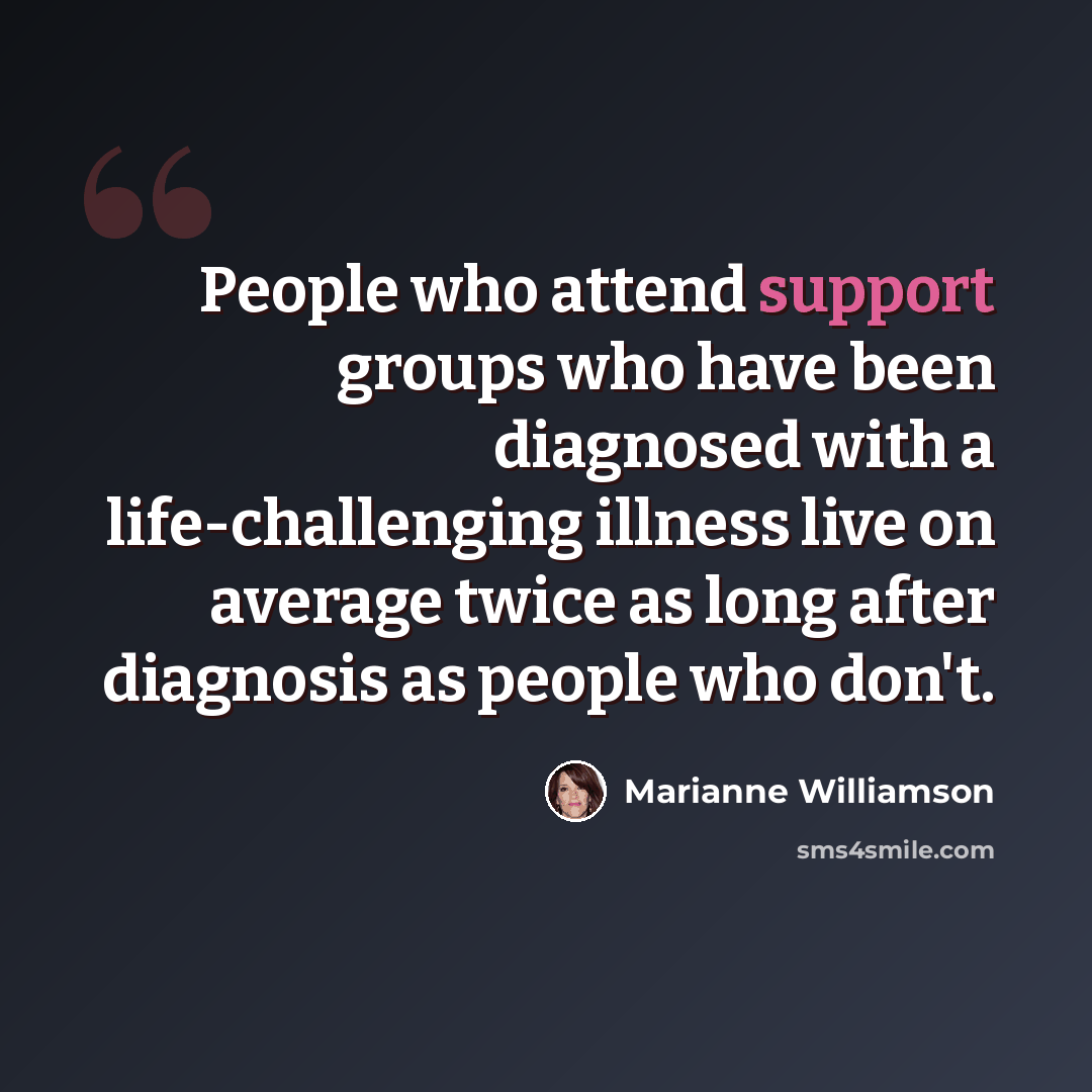 “People who attend support groups who have been diagnosed with a life-challenging illness live on average twice as long after diagnosis as people who don't.” quote by Marianne Williamson