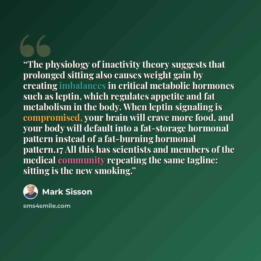 “The physiology of inactivity theory suggests that prolonged sitting also causes weight gain by creating imbalances in critical metabolic hormones such as leptin, which regulates appetite and fat metabolism in the body. When leptin signaling is compromised, your brain will crave more food, and your…” quote by Mark Sisson