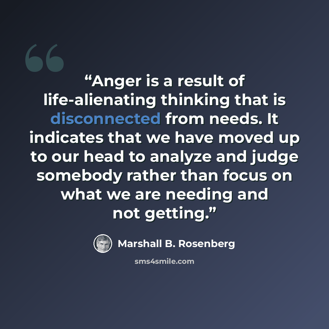 “Anger is a result of life-alienating thinking that is disconnected from needs. It indicates that we have moved up to our head to analyze and judge somebody rather than focus on what we are needing and not getting.” quote by Marshall B. Rosenberg