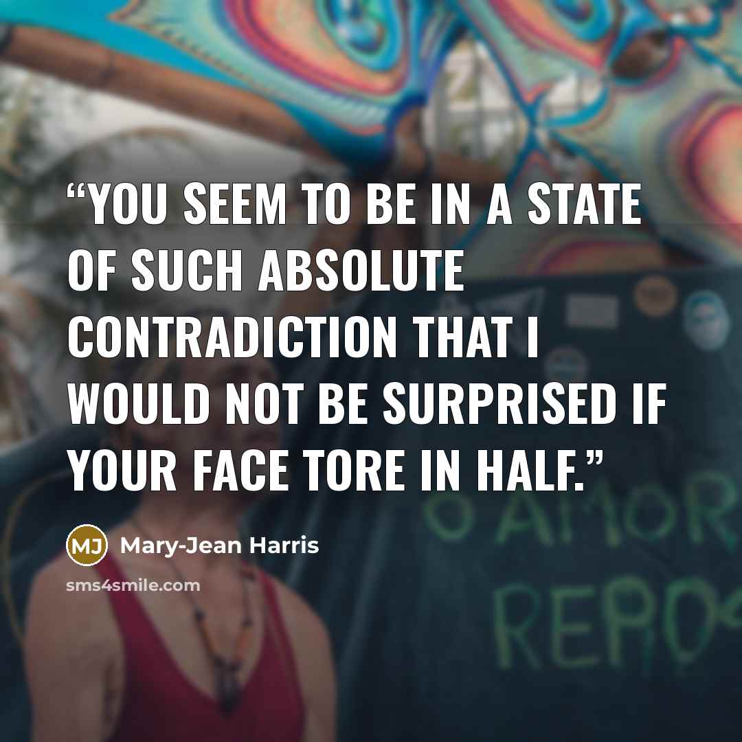 “You seem to be in a state of such absolute contradiction that I would not be surprised if your face tore in half.” quote by Mary-Jean Harris