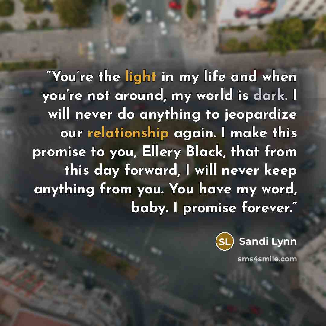 “You’re the light in my life and when you’re not around, my world is dark. I will never do anything to jeopardize our relationship again. I make this promise to you, Ellery Black, that from this day forward, I will never keep anything from you. You have my word, baby. I promise forever.” quote by Sandi Lynn