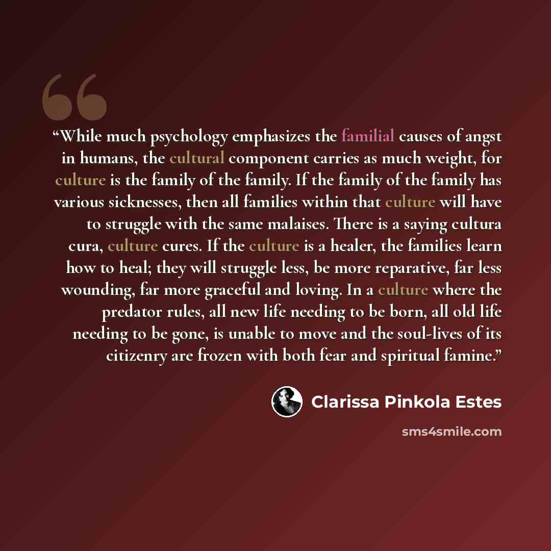 “While much psychology emphasizes the familial causes of angst in humans, the cultural component carries as much weight, for culture is the family of the family. If the family of the family has various sicknesses, then all families within that culture will have to struggle with the same malaises…” quote by Clarissa Pinkola Estés