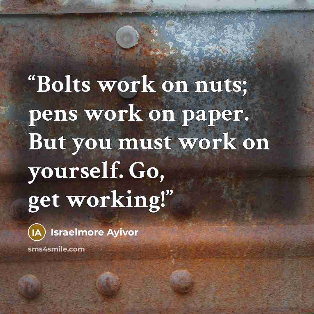 “Bolts work on nuts; pens work on paper. But you must work on yourself. Go, get working!” quote by Israelmore Ayivor