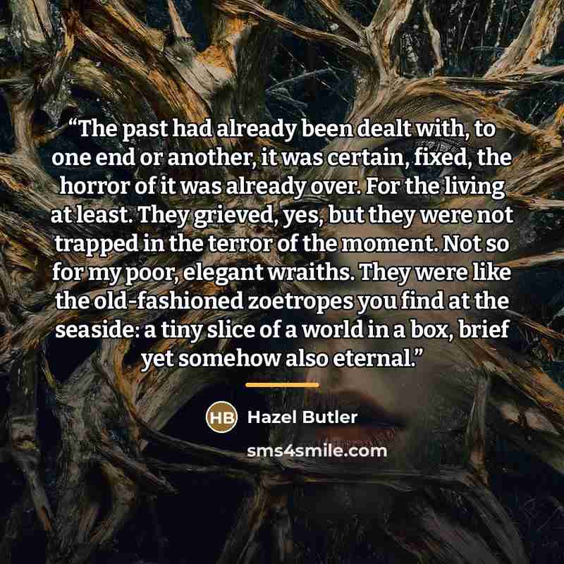 “The past had already been dealt with, to one end or another, it was certain, fixed, the horror of it was already over. For the living at least. They grieved, yes, but they were not trapped in the terror of the moment. Not so for my poor, elegant wraiths. They were like the old-fashioned zoetropes…” quote by Hazel Butler
