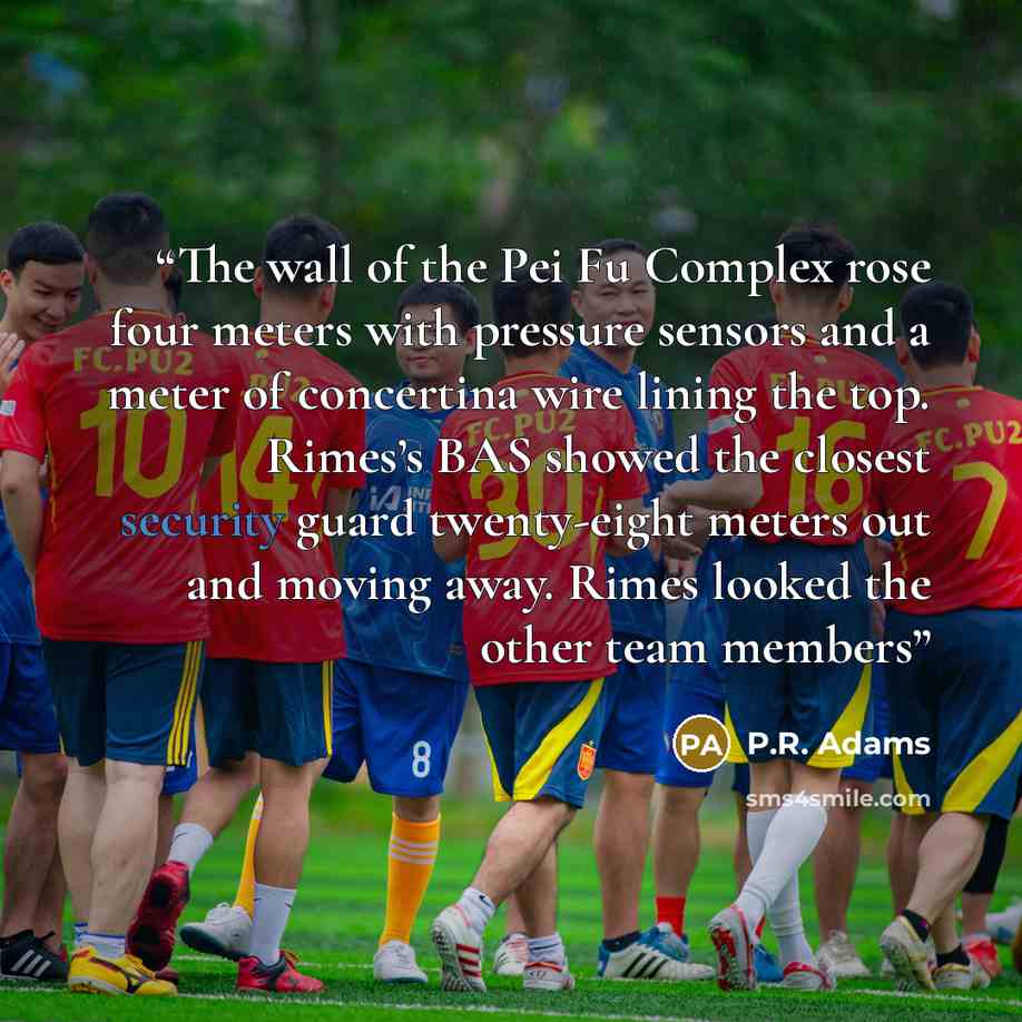“The wall of the Pei Fu Complex rose four meters with pressure sensors and a meter of concertina wire lining the top. Rimes’s BAS showed the closest security guard twenty-eight meters out and moving away. Rimes looked the other team members” quote by P.R. Adams