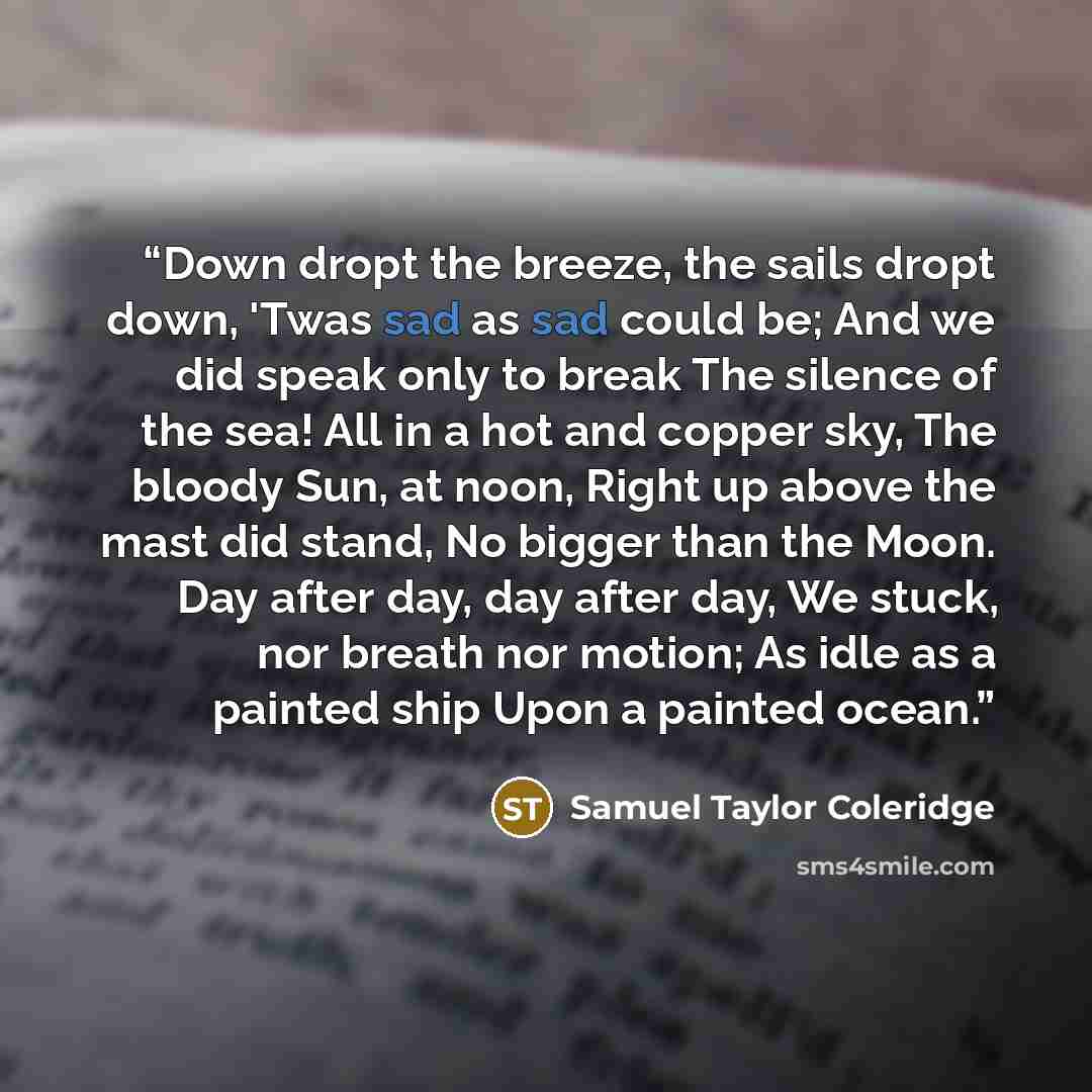 “Down dropt the breeze, the sails dropt down, 'Twas sad as sad could be; And we did speak only to break The silence of the sea! All in a hot and copper sky, The bloody Sun, at noon, Right up above the mast did stand, No bigger than the Moon. Day after day, day after day, We stuck, nor breath nor…” quote by Samuel Taylor Coleridge