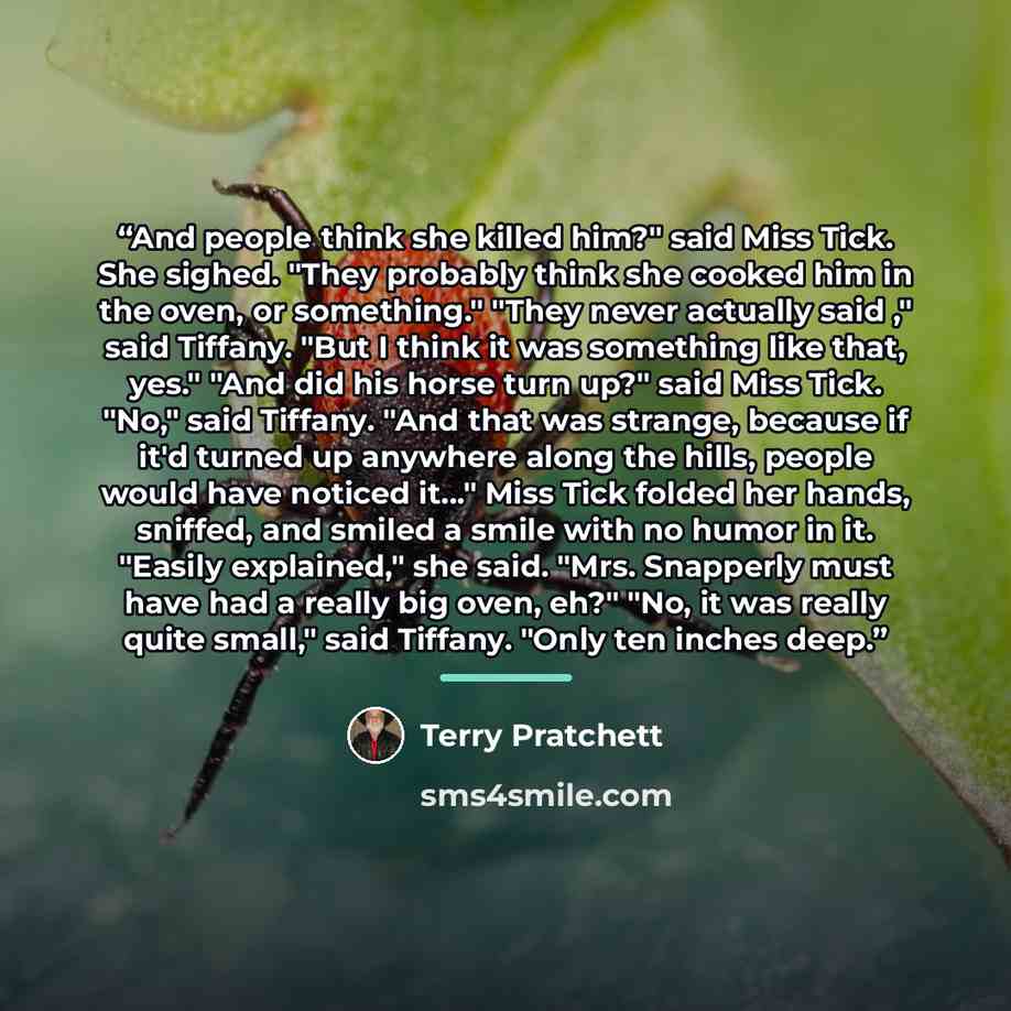 “And people think she killed him?" said Miss Tick. She sighed. "They probably think she cooked him in the oven, or something." "They never actually said ," said Tiffany. "But I think it was something like that, yes." "And did his horse turn up?" said Miss Tick. "No," said Tiffany. "And that was…” quote by Terry Pratchett
