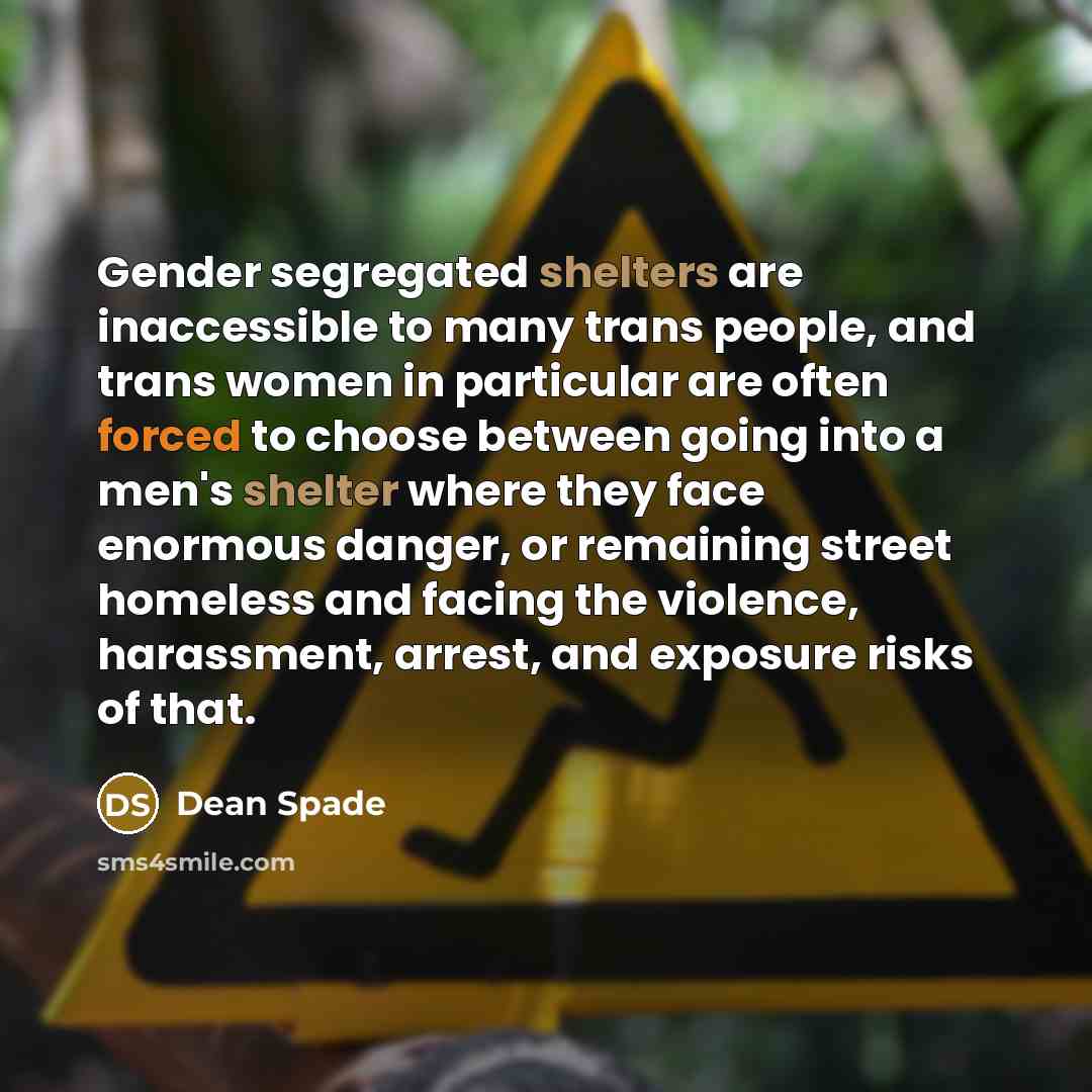 “Gender segregated shelters are inaccessible to many trans people, and trans women in particular are often forced to choose between going into a men's shelter where they face enormous danger, or remaining street homeless and facing the violence, harassment, arrest, and exposure risks of that.” quote by Dean Spade