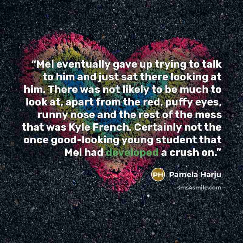 “Mel eventually gave up trying to talk to him and just sat there looking at him. There was not likely to be much to look at, apart from the red, puffy eyes, runny nose and the rest of the mess that was Kyle French. Certainly not the once good-looking young student that Mel had developed a crush on.” quote by Pamela Harju