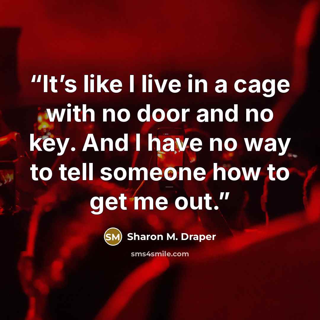 “It’s like I live in a cage with no door and no key. And I have no way to tell someone how to get me out.” quote by Sharon M. Draper