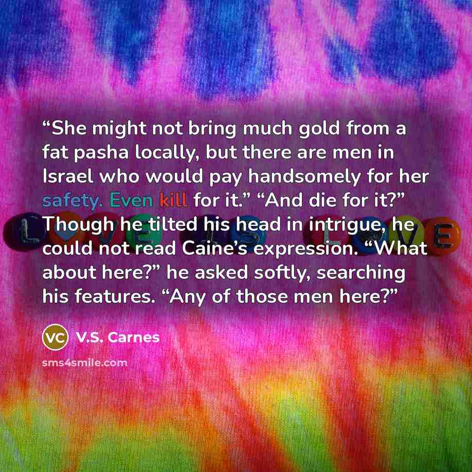 “She might not bring much gold from a fat pasha locally, but there are men in Israel who would pay handsomely for her safety. Even kill for it.” “And die for it?” Though he tilted his head in intrigue, he could not read Caine’s expression. “What about here?” he asked softly, searching his features…” quote by V.S. Carnes