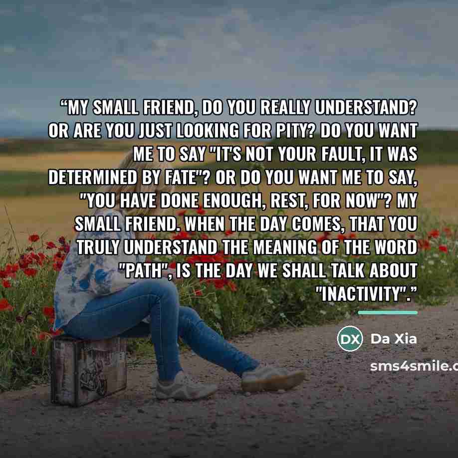 “My small friend, do you really understand? Or are you just looking for pity? Do you want me to say "It's not your fault, it was determined by fate"? Or do you want me to say, "You have done enough, rest, for now"? My small friend. When the day comes, that you truly understand the meaning of the…” quote by Da Xia