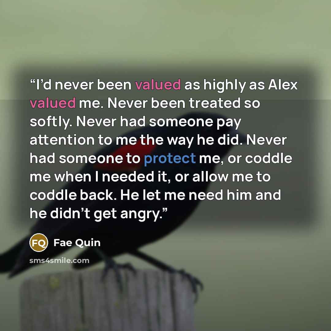“I’d never been valued as highly as Alex valued me. Never been treated so softly. Never had someone pay attention to me the way he did. Never had someone to protect me, or coddle me when I needed it, or allow me to coddle back. He let me need him and he didn’t get angry.” quote by Fae Quin